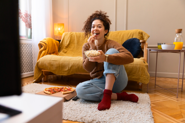 Woman eating popcorn while watching TV – user enjoying on-demand streaming content at home