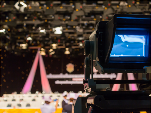 Professional broadcast camera in TV studio – media production and live streaming setup