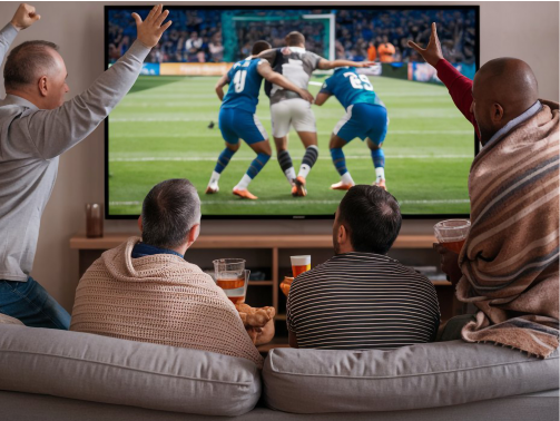 Group of people watching live football match on TV – sports streaming and fan engagement