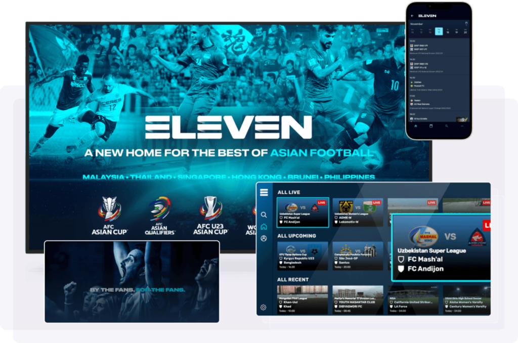 Sports streaming – Eleven Sports platform interface showing live and upcoming football matches displayed on TV, tablet, and mobile screens