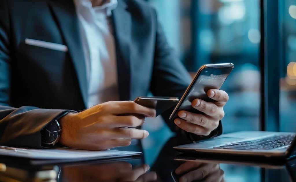 Industry 4.0 How to grow revenue with Internet of Things products IoT monetisation strategies; a businessman in a suit in an office setting holding a phone and a credit card in his hands