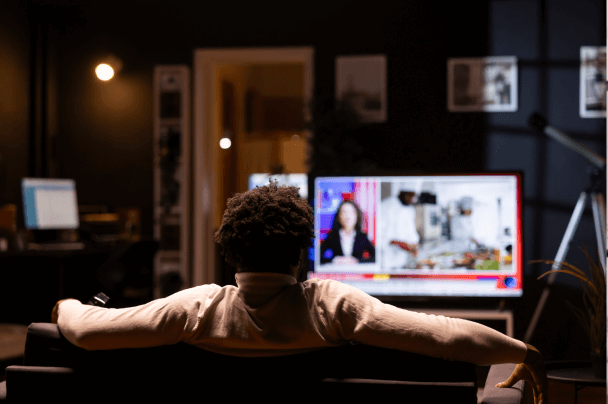 Publishers – man sitting on a couch in a dark room watching news on television