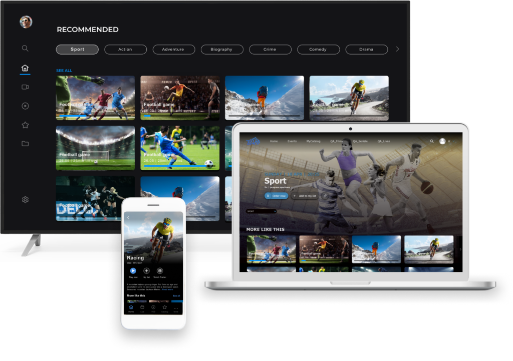 Sports streaming – sports streaming platform interface displayed on TV, laptop, and smartphone screens showing football and racing events