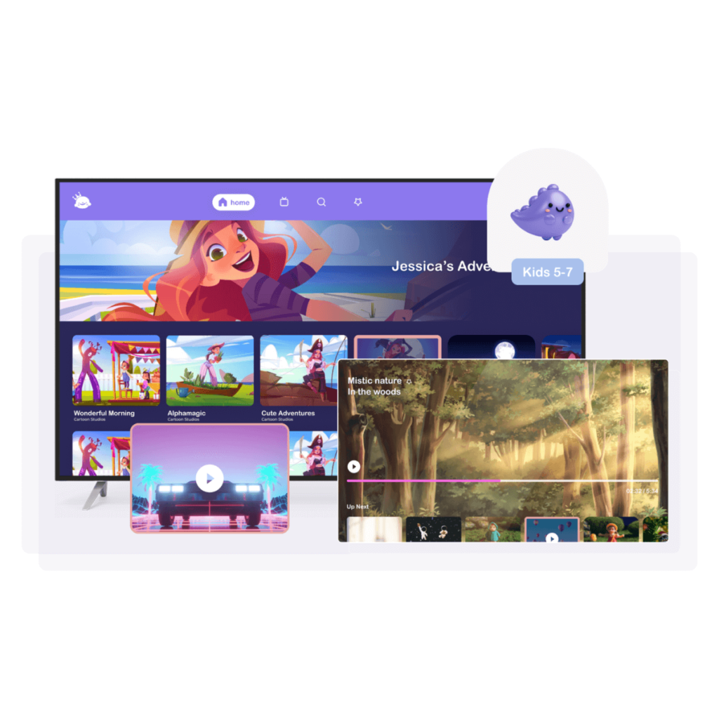 Content creators – kids streaming app interface with animated videos and child-friendly navigation on TV screen, Roku
