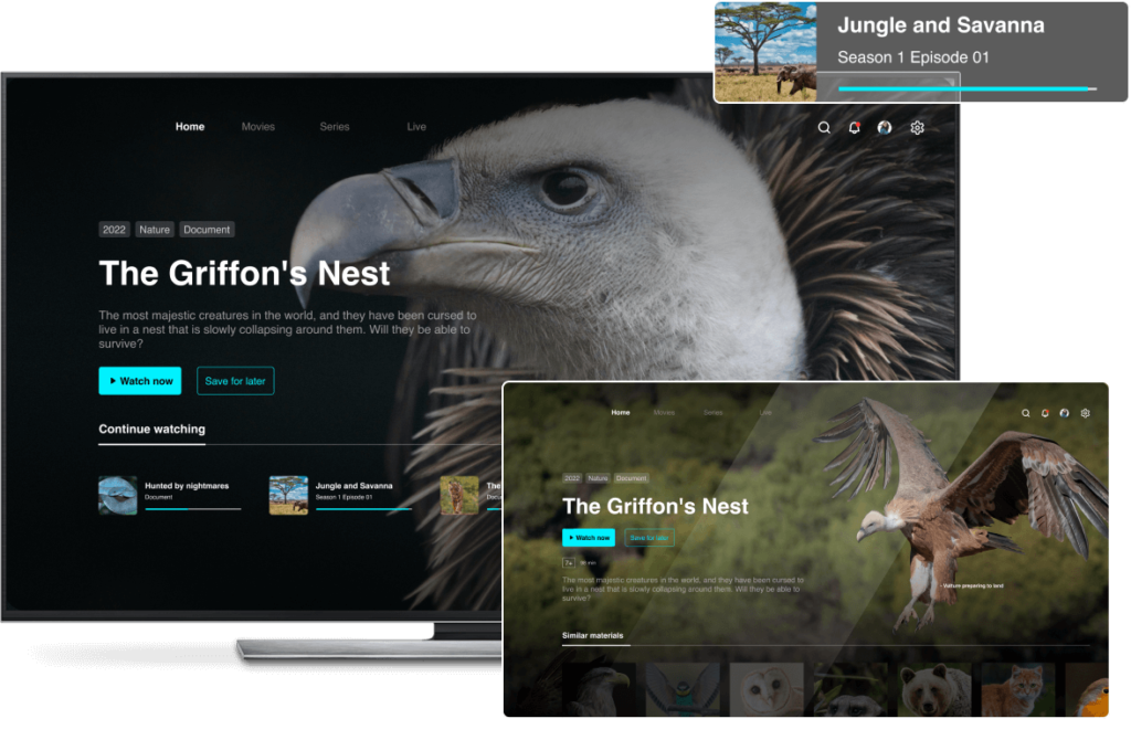 Publishers – streaming platform showing wildlife documentaries on TV and tablet screens