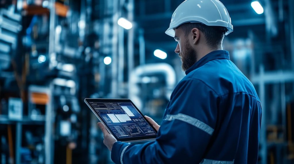 Industry 4.0 why the internet of things is essential for your products success in a digital era; a man standing in a modern factory with a tablet in his hands