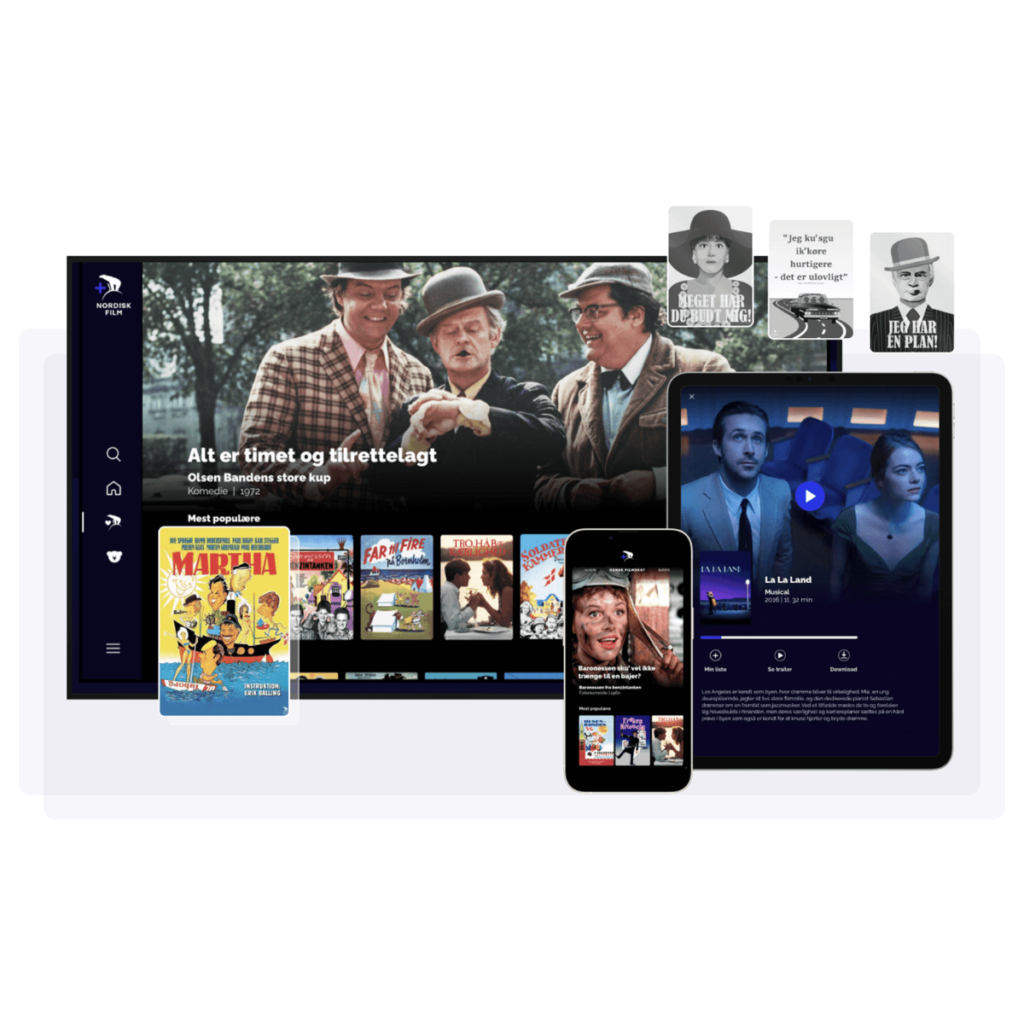 Content creators – streaming platform showing classic movie library displayed on TV, tablet and smartphone, Nordisk Film