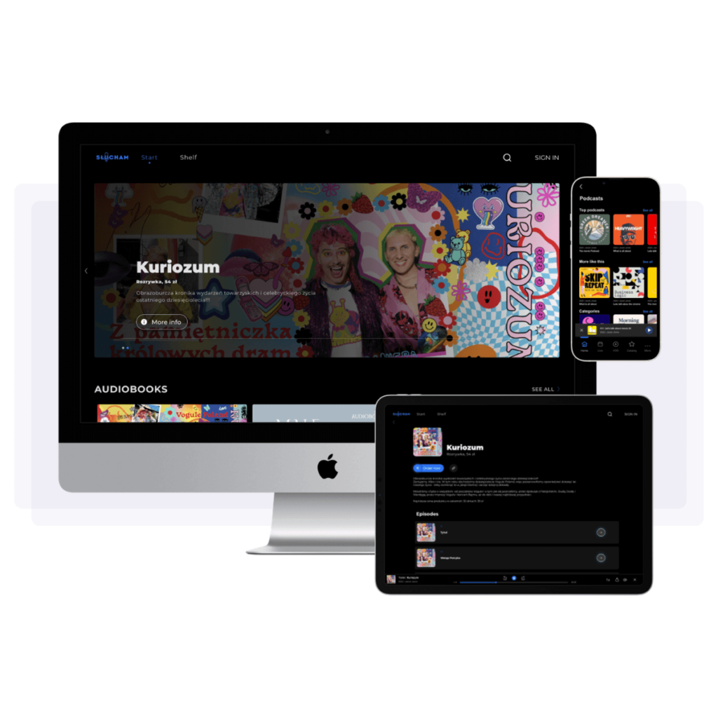 Content creators – audiobook and podcast streaming platform “Słucham” displayed on desktop computer, tablet and smartphone screens