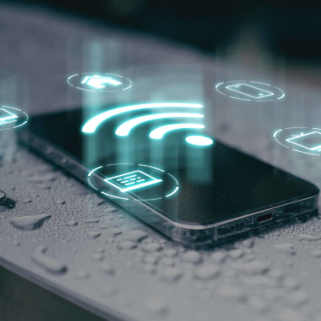 Smartphone with holographic wireless connection icons – OTT streaming and network connectivity concept