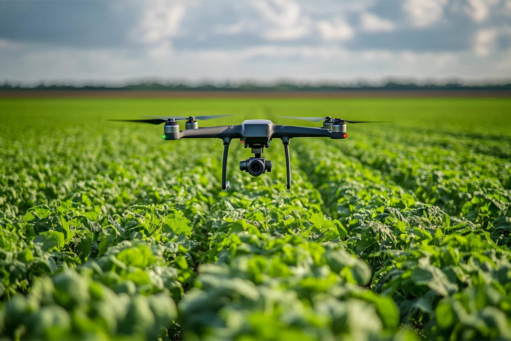 A quad-rotor drone flying low over a lush green agricultural field capturing imagery for geospatial analysis.