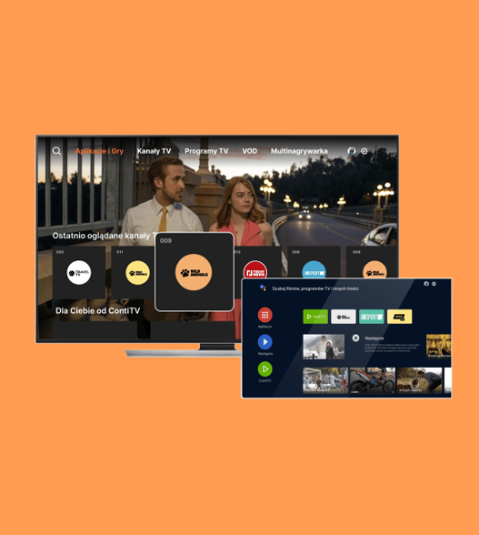 Media and entertainment – telcos - smart TV and tablet displaying orange interface with channels, VOD, and recently watched content