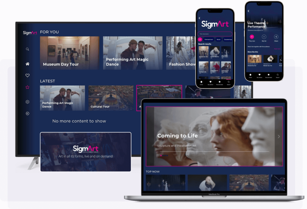 Event Organisers – streaming platform interface shown on TV, laptop, and smartphone screens