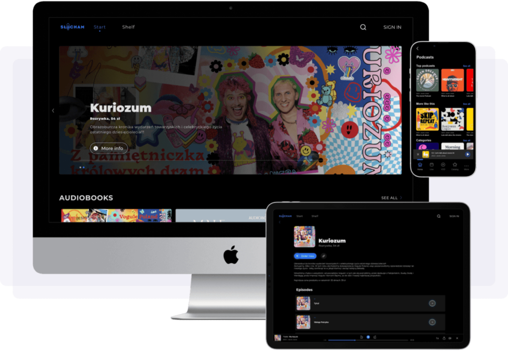 Content Creators – podcast platform displayed on computer, tablet, and smartphone screens