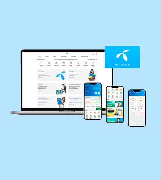 Media and entertainment – Telenor web and mobile applications shown on laptop and smartphones with unified digital interface