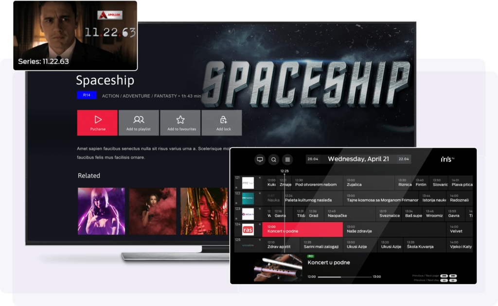 Telcos – smart TV and tablet displaying on-demand movie library and interactive TV program guide