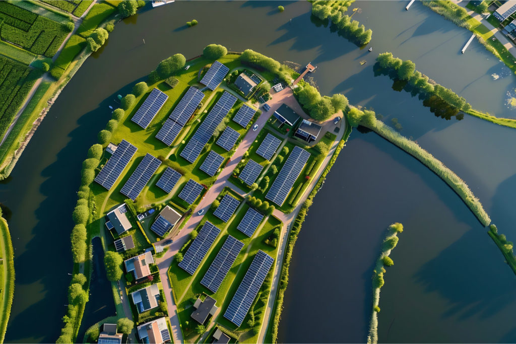 Bird’s-eye view of a suburban residential area with curving roads and houses, representing land and property geospatial services.