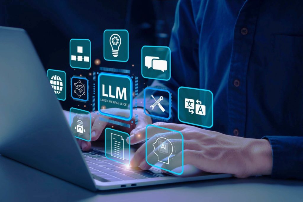 Person working on a laptop with icons of digital services visualised over the keyboard, including LLM testing.