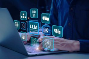 Person working on a laptop with icons of digital services visualised over the keyboard, including LLM testing.