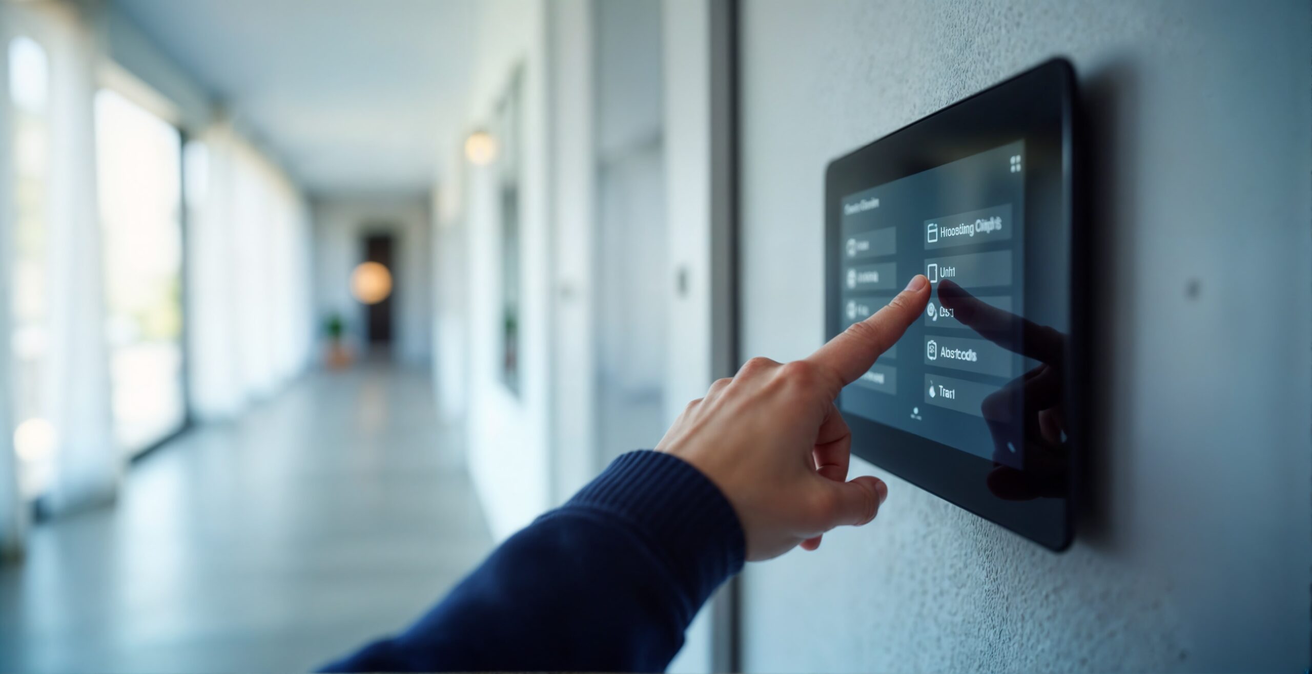Hand pressing a touchscreen on a smart home wall tablet, a device compatible with environments like the Azure IoT ecosystem.