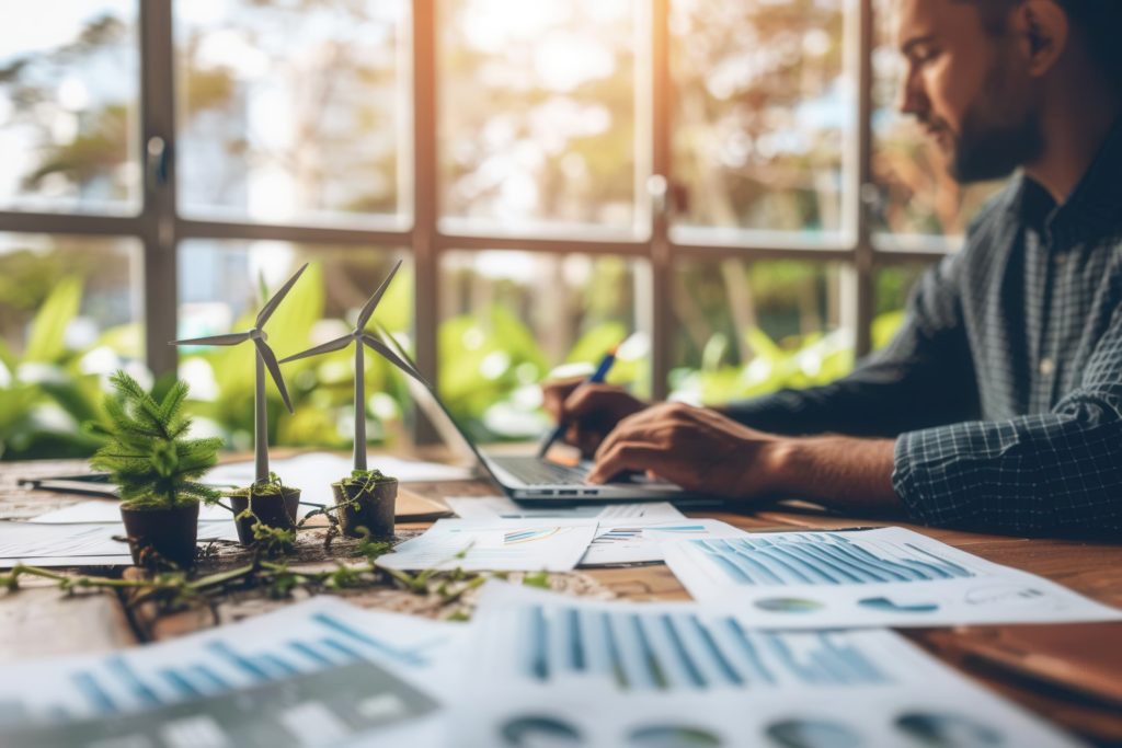 Person sitting at a desk working on documents regarding GeoAI's role in identifying environmental risks and mitigation strategies.