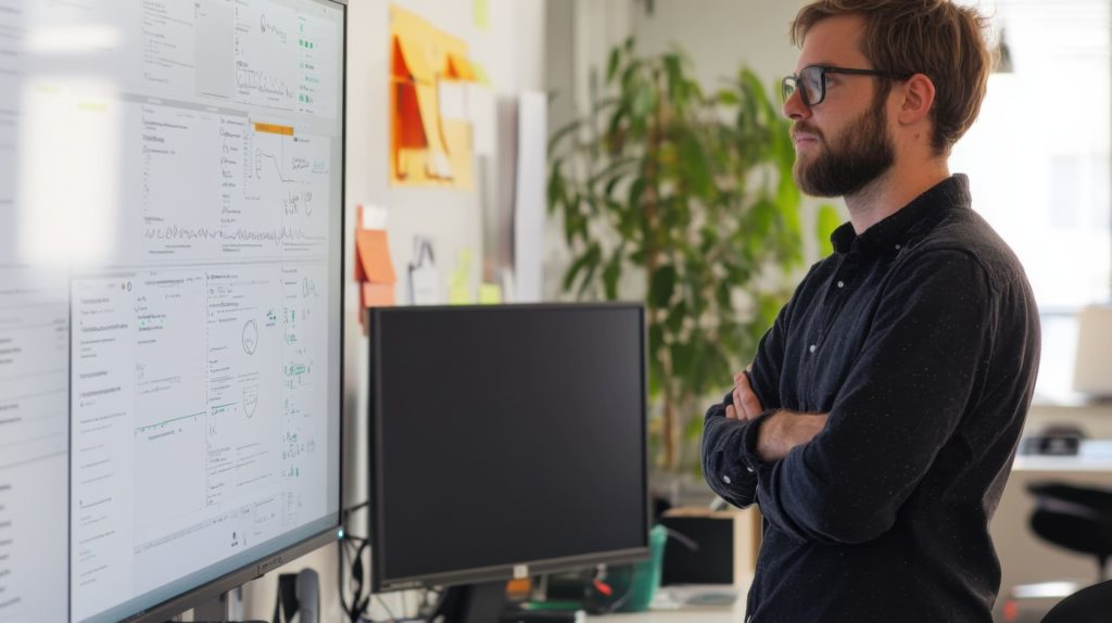 a man in front of a display showing software