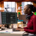 Software developer working at dual monitors in a modern office, coding with headphones around her neck.