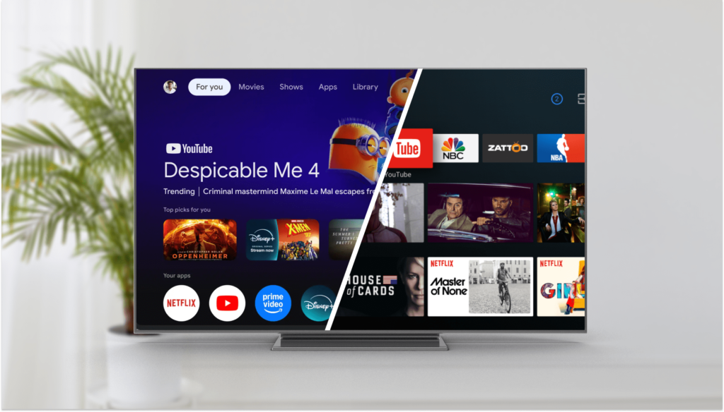 Smart TV displaying Android TV interface with streaming apps on one side and a traditional channel-based TV interface on the other.