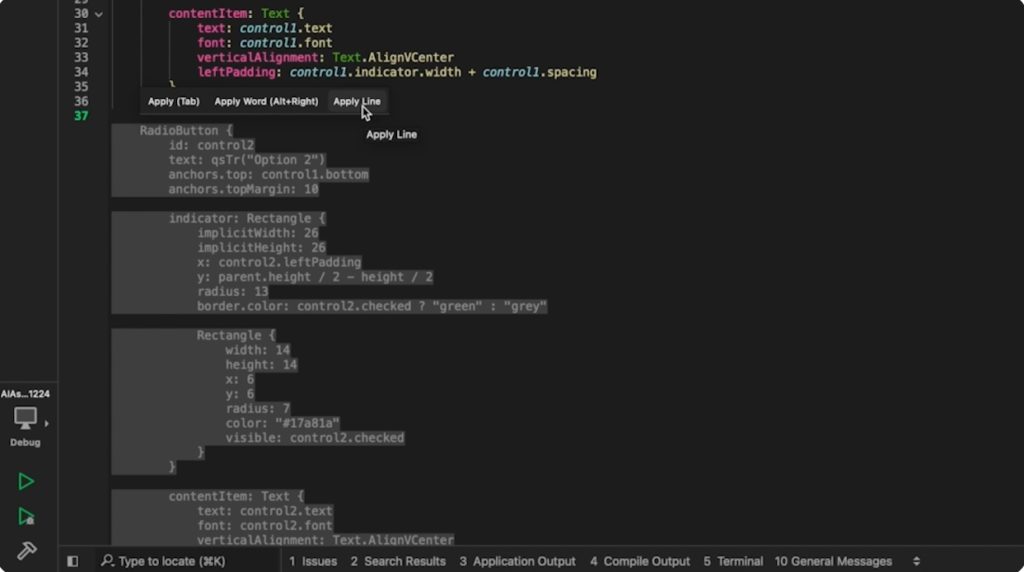 Code editor interface displaying programming code with autocomplete suggestions and debugging panel visible.
