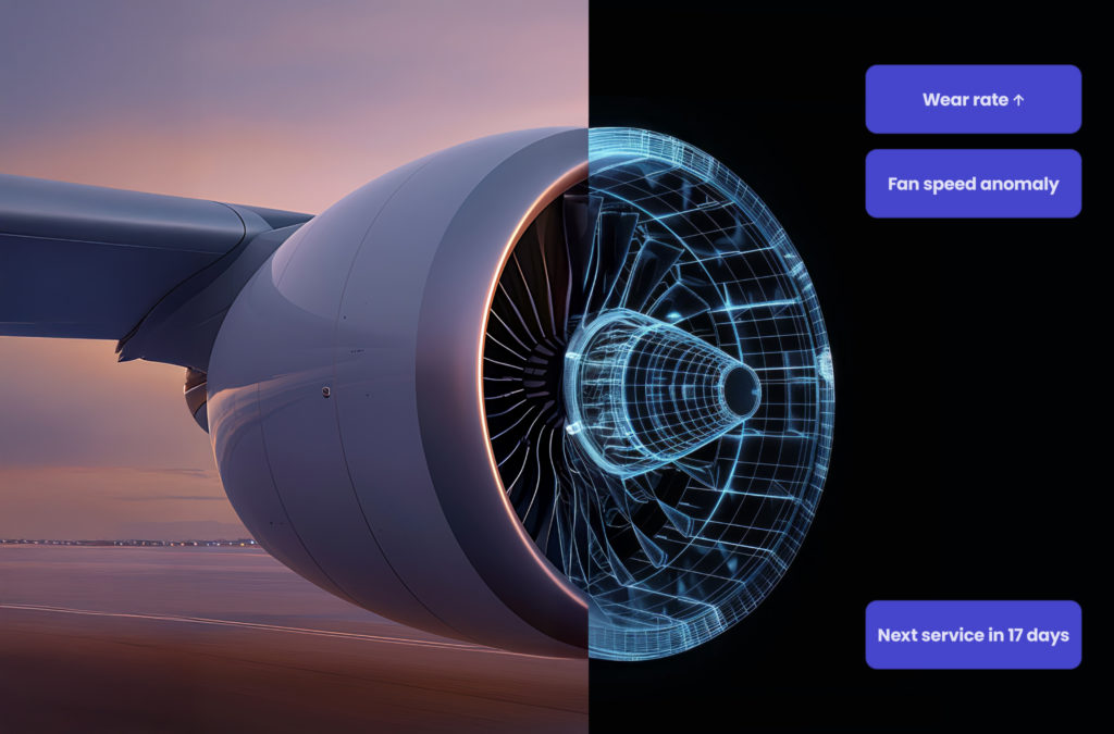 Aircraft engine with digital twin overlay showing wear rate increase, fan speed anomaly and next service scheduled in 17 days.