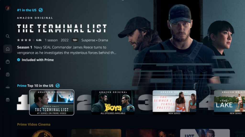 A home screen of Amazon Prime 