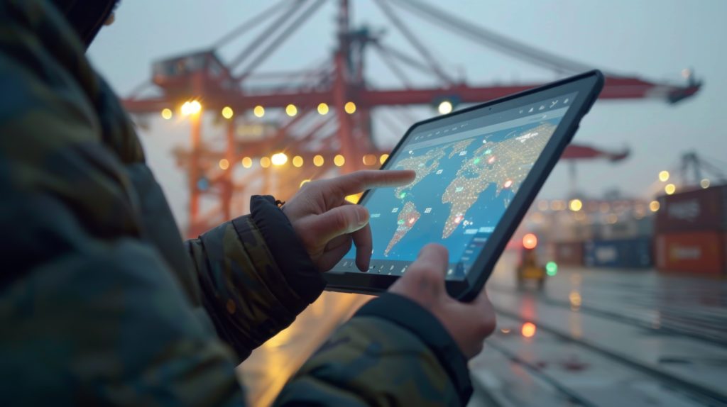 Port worker holding a tablet displaying an interactive world map with location markers, standing outdoors at a container terminal with large red cranes and stacked shipping containers visible in the background.