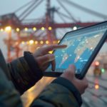 Port worker holding a tablet displaying an interactive world map with location markers, standing outdoors at a container terminal with large red cranes and stacked shipping containers visible in the background.