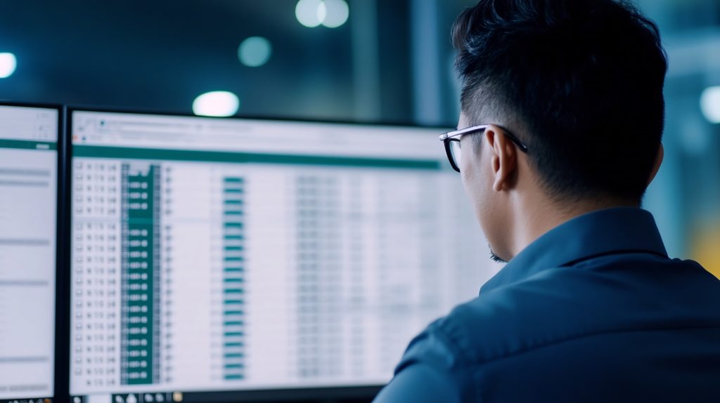 A man looking at screens with financial data