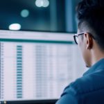 A man looking at a display with financial data