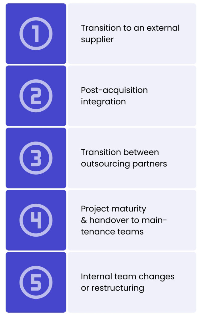 An infographic showing five potential handover scenarios: 
Transition to an external supplier
Post-acquisition integration
Transition between outsourcing partners
Project maturity & handover to maintenance teams
Internal team changes or restructuring