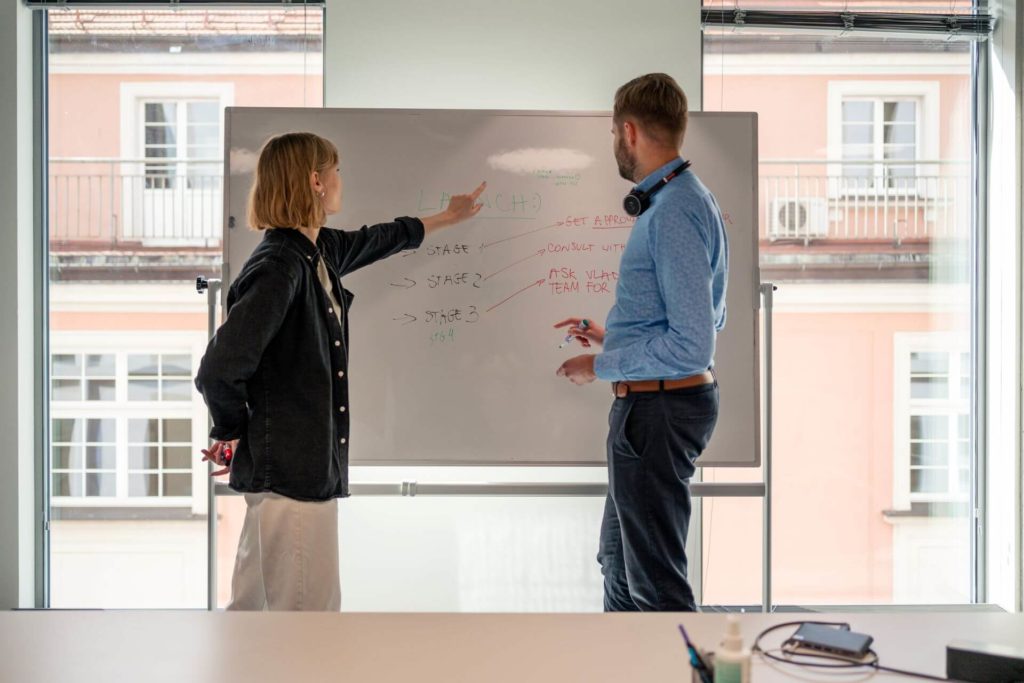 Software Development London_Members of the Spyrosoft team collaborate on a whiteboard on the product launch plan.