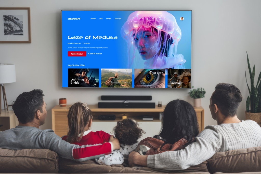 Family watching a movie on a streaming platform – media and entertainment industry example showing digital content delivery and engagement at home