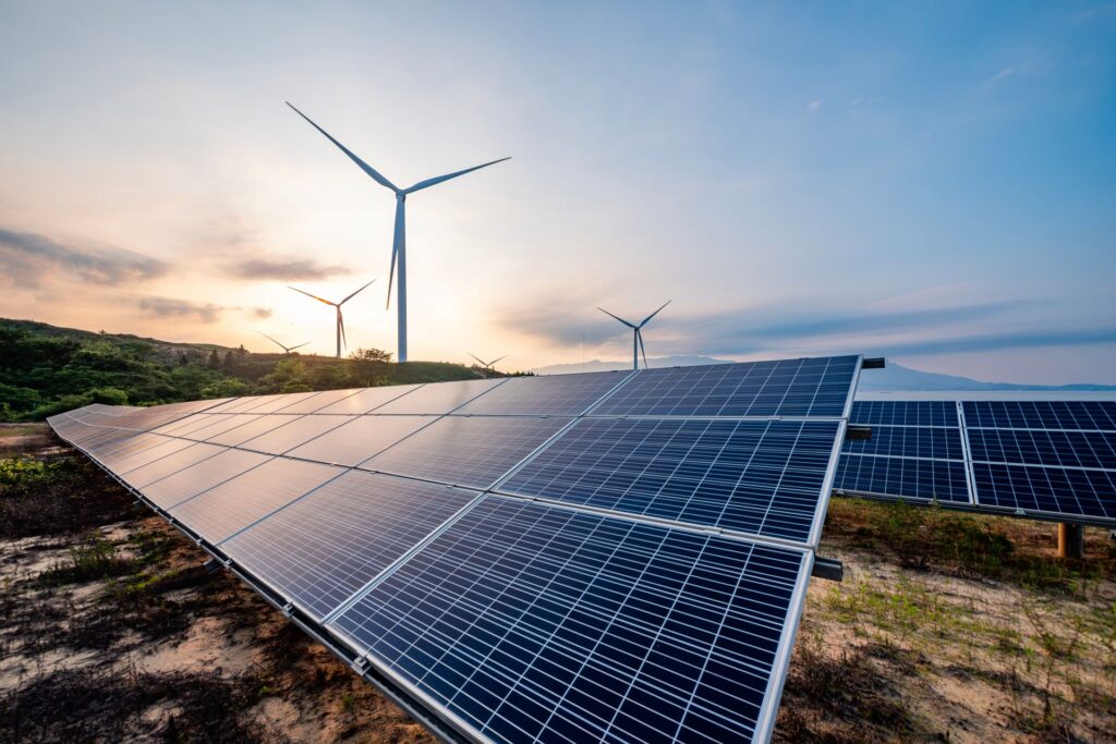 E-mobility & Renewable Energy. Solar panels and wind power generation equipment