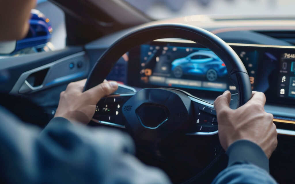 Automotive card. Person driving modern technologically advanced car