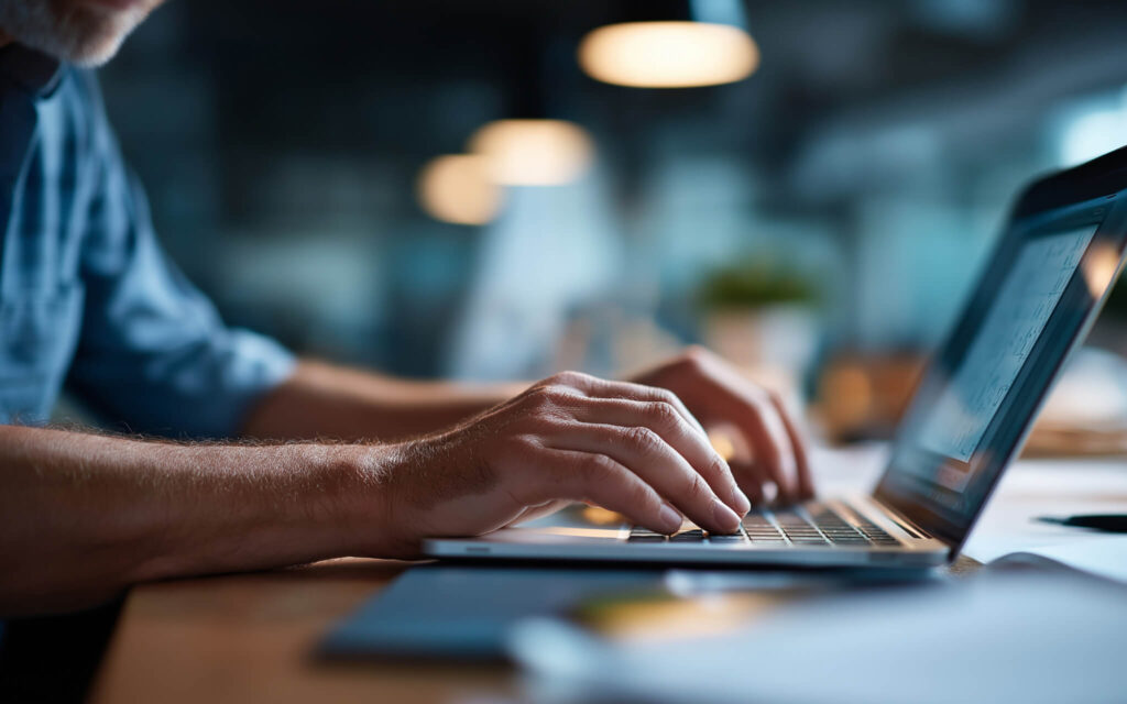 Publishers. Comprehensive OTT Managed Services. Person working on a laptop