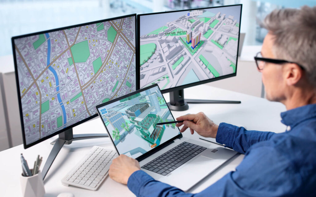 Geospatial card. Urban planning person working using geospatial data