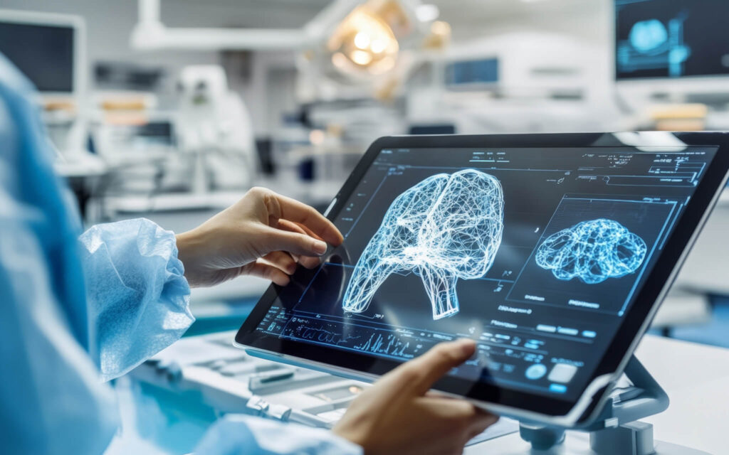 Healthcare & Life Sciences card. Medical professional viewing medical data