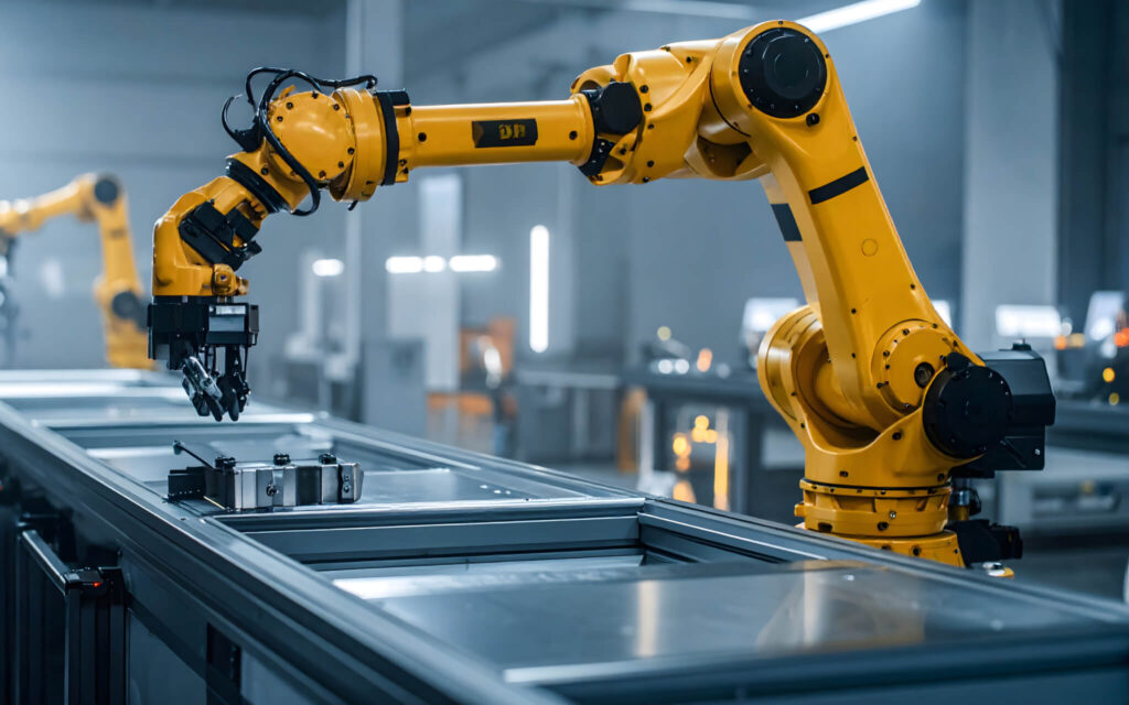 Industry 4.0 card. Industrial robot arm at work in a factory