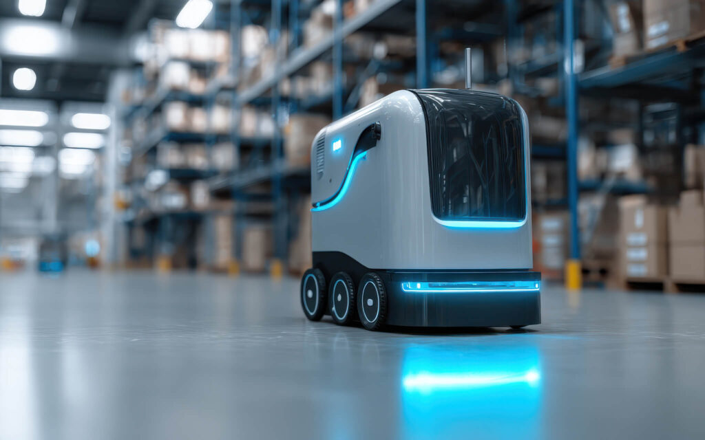 Robotics card. Modern autonomous robot in a warehouse