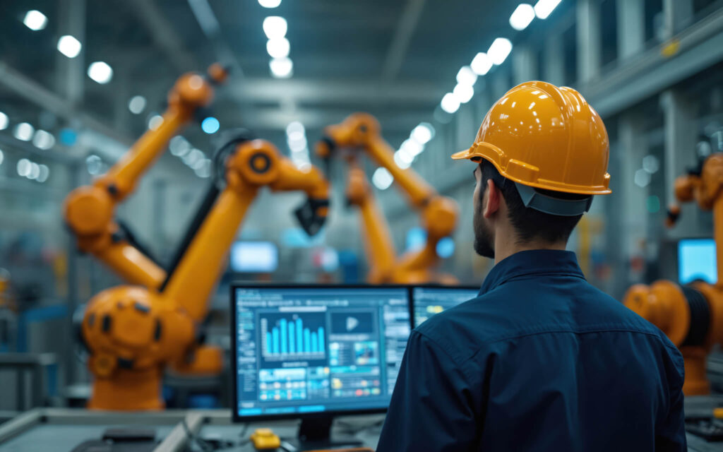 Industry 4.0 - IoT Development Services. Manufacturing robot arms working. Top IoT databases